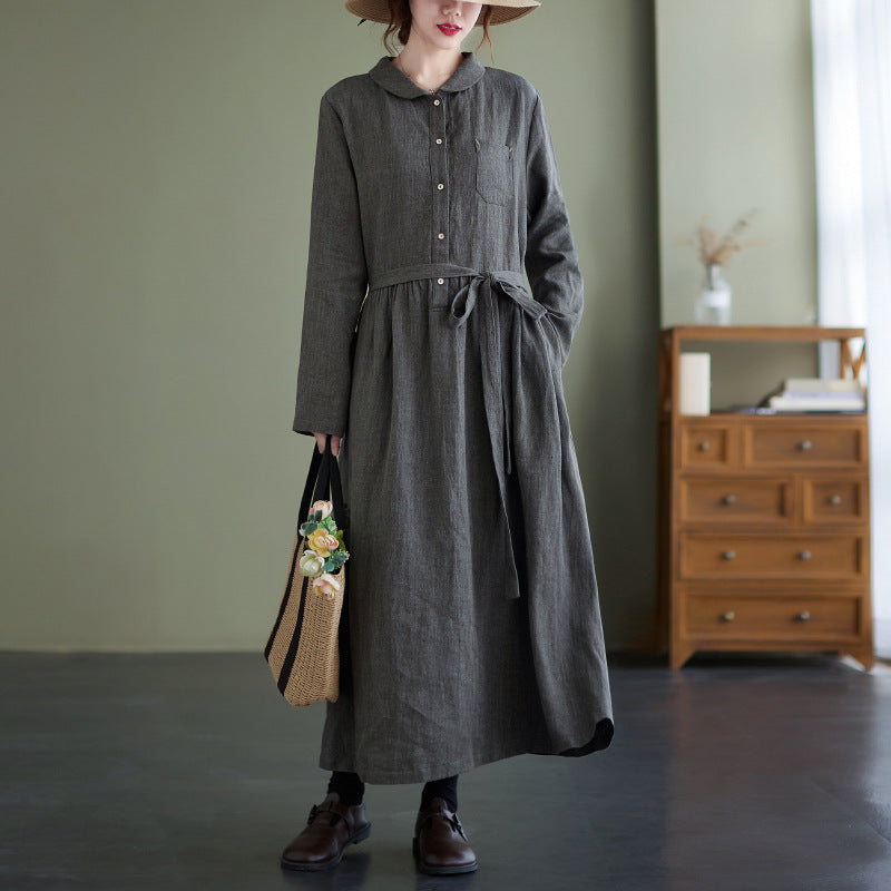 Retro Solid Color Long Sleeve Maxi Dress