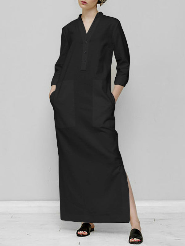 Long Sleeves Loose Solid Color Split-Joint V-Neck Maxi Dresses