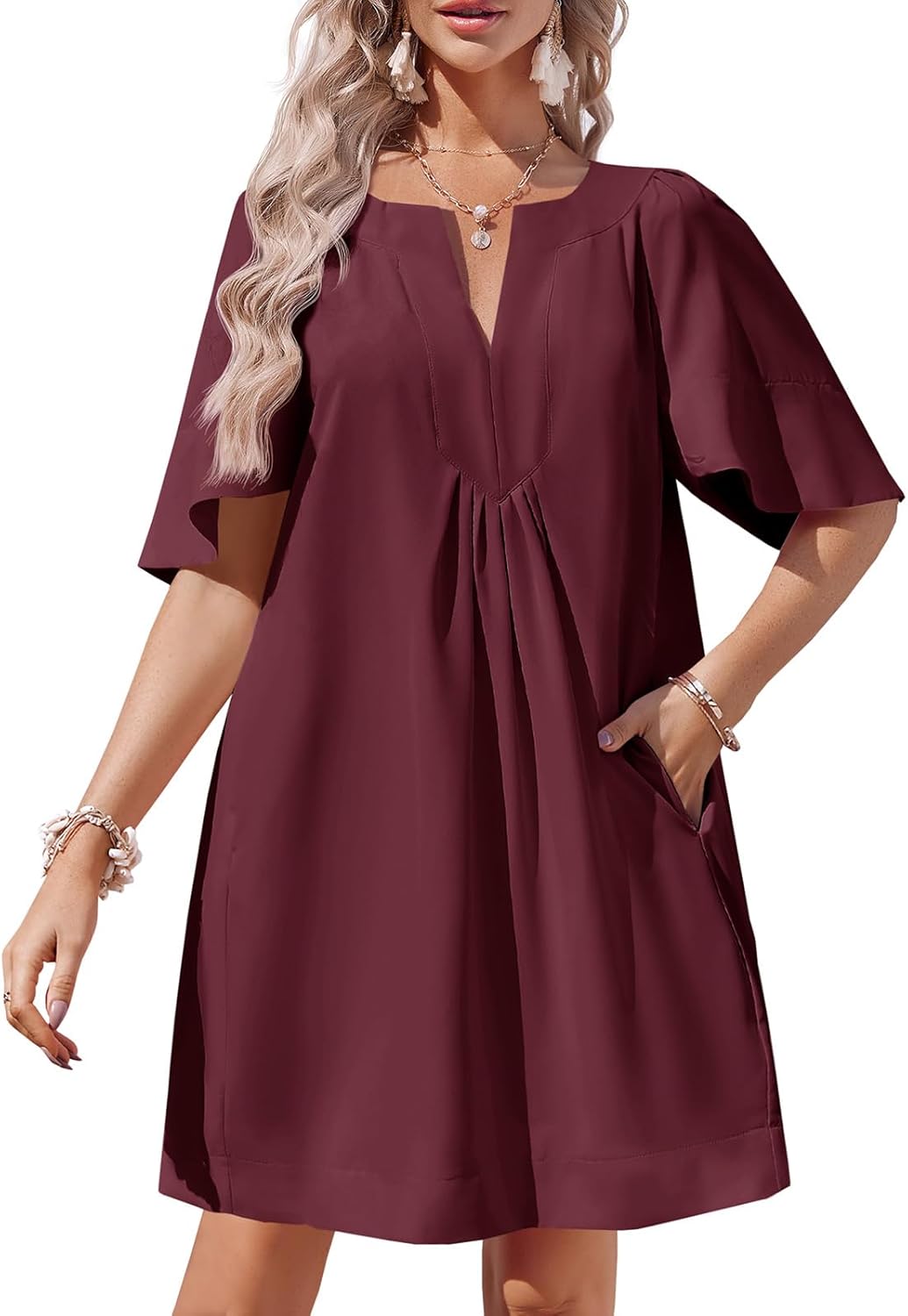 🌸Women's Flutter V Neck Loose  Short Sleeve Mini Dress (Buy 2 Free Shipping)