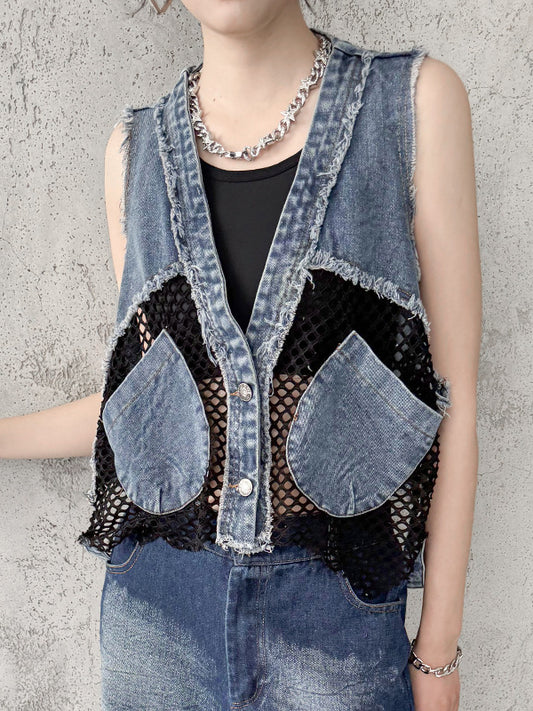 Vintage Mesh Splicing Denim Vest