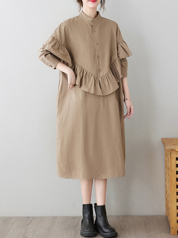 Literary Splicing Stand Collar Midi Dress