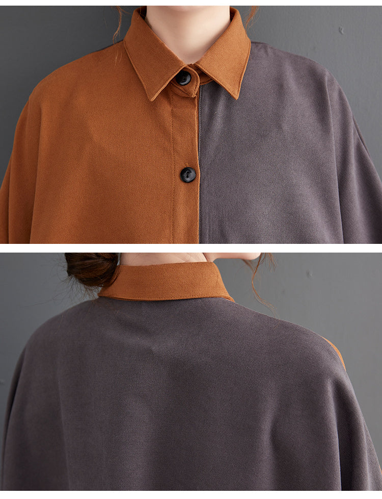 Loose Color Blocking Long Sleeve Midi Dress