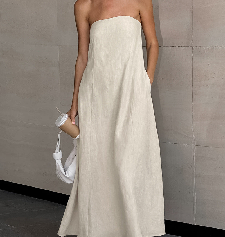 Vacation Cotton-Linen Solid Sheath Backless Maxi Dress