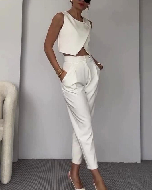 Solid Crewneck Top & Pants Two-Piece Set