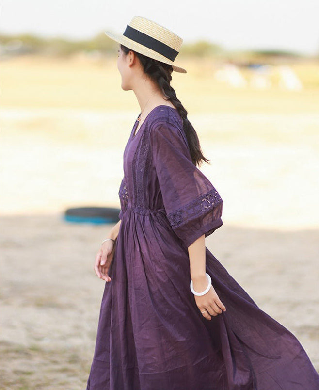 Literary Simple Seven-quarter Sleeve Lace-up Maxi Dress