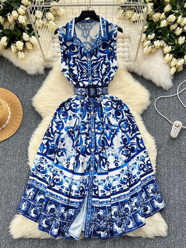 Sleeveless Belt Buckle Buttoned Contrast Color Floral Printed Midi Dresses