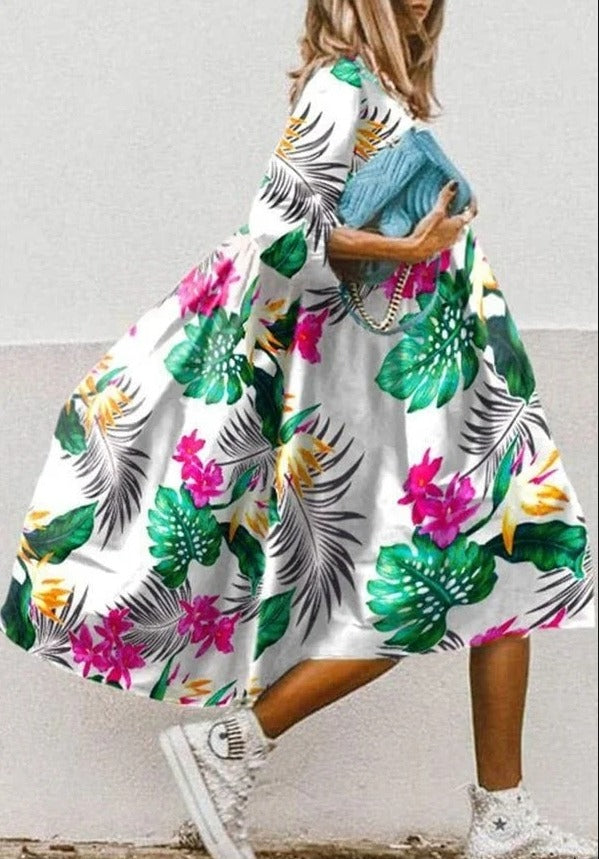 Vintage Floral Print High Low Hem A-Line Midi Dress