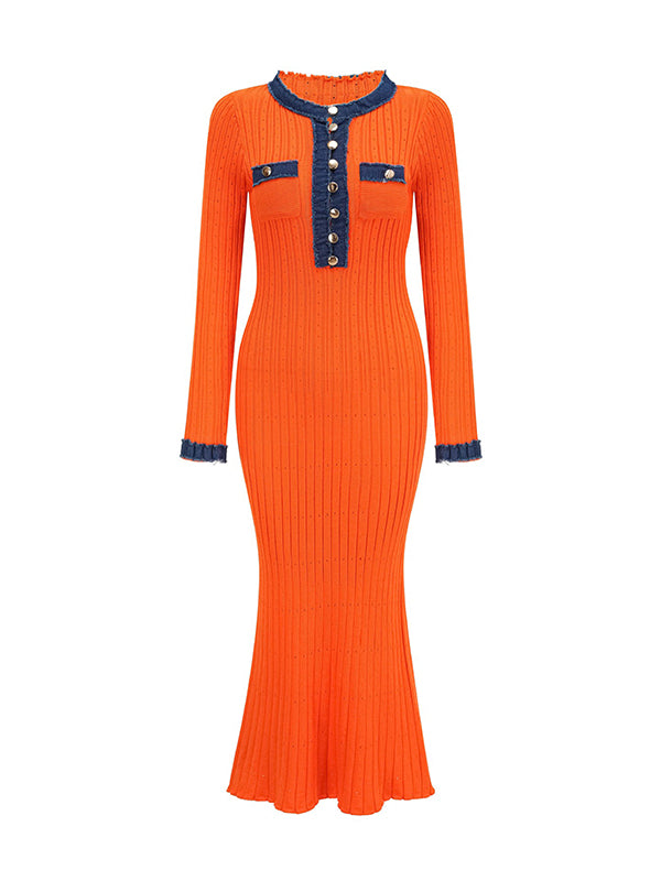 Bodycon High Waisted Buttoned Round-Neck Knit Dresses Midi Dresses