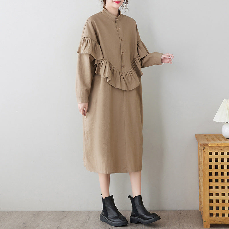 Literary Splicing Stand Collar Midi Dress
