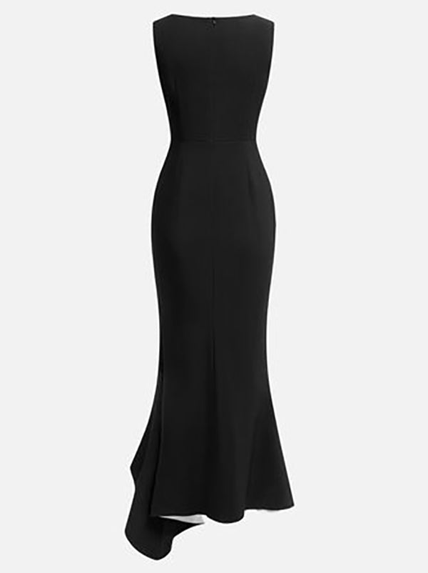 Bodycon Sleeveless Contrast Color Ruffle Trim Split-Joint V-Neck Maxi Dresses