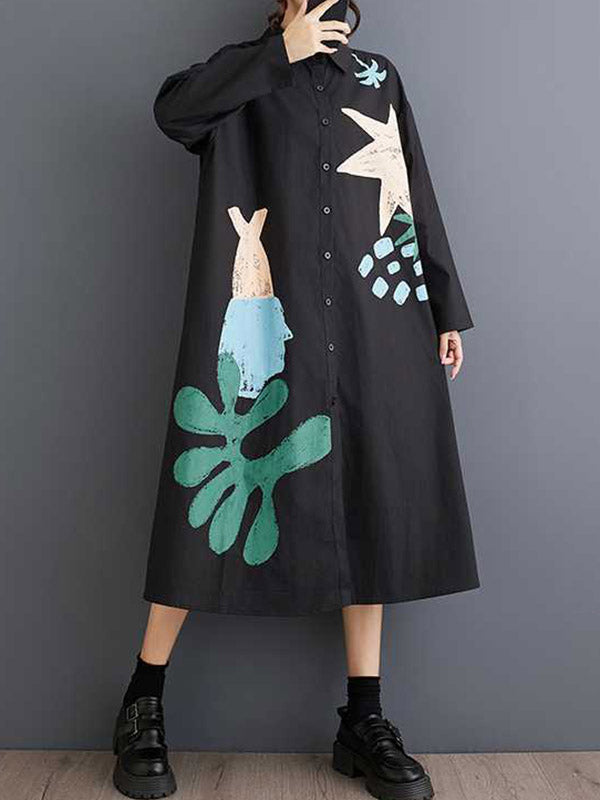 A-Line Long Sleeves Buttoned Pockets Printed Split-Joint Lapel Midi Dresses Shirt Dress
