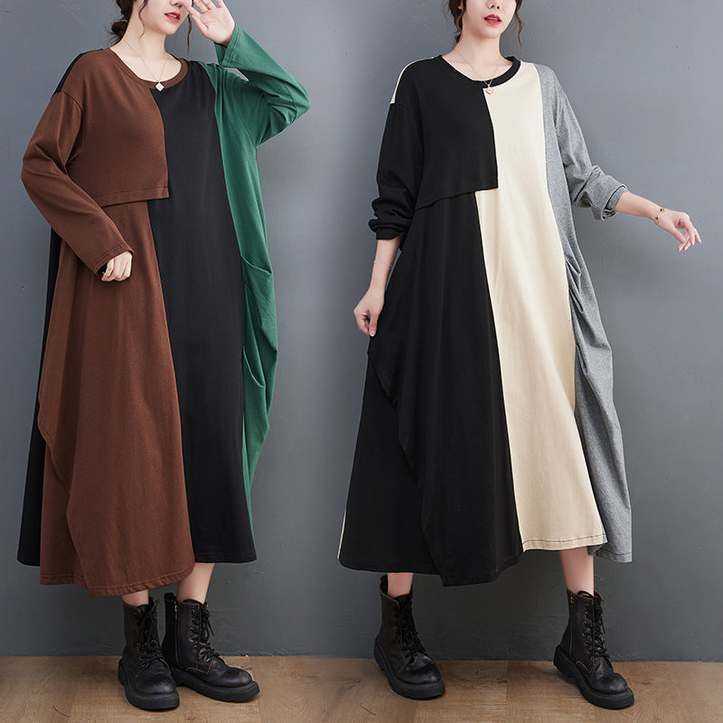 Loose Color Blocking Splicing Round Neck Midi Dress