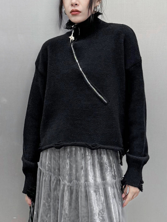 Simple Slant Zipper Turtleneck Sweater