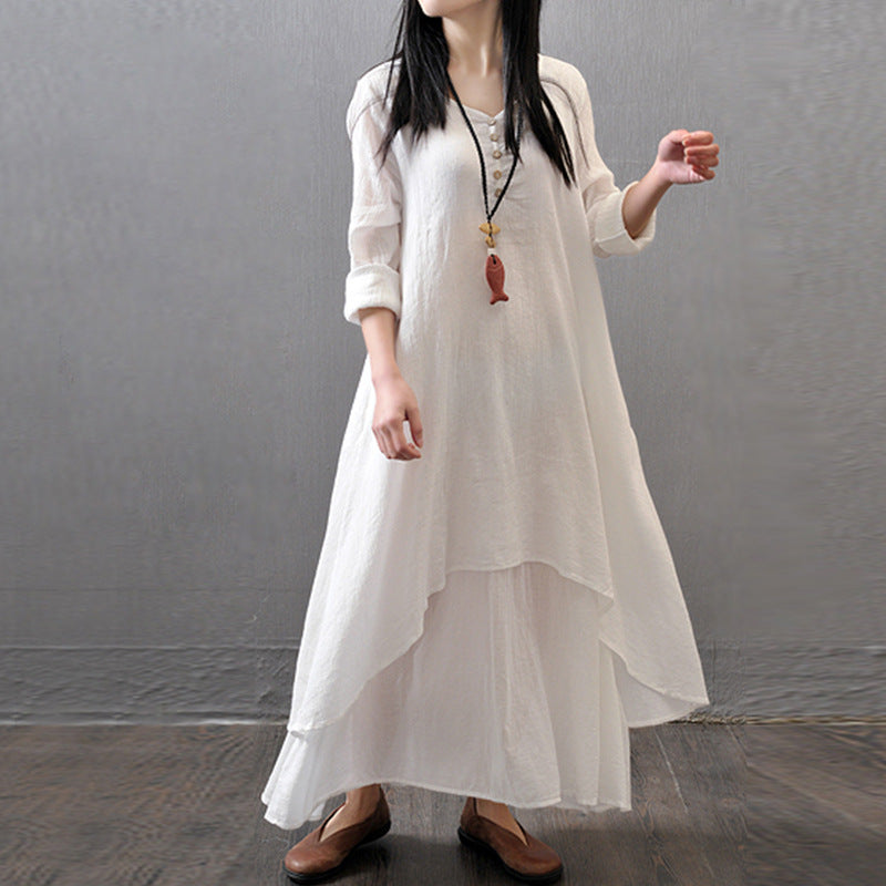 Literary Linen Fake Two Piece Long Sleeve Dress