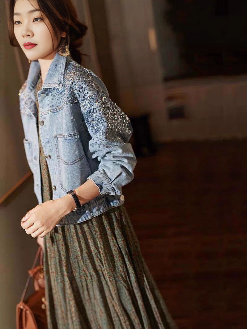 Foreign Trade Southeast Asia Spring and Summer New Fashion Sequin Denim Coat Women's European Station Short Loose Jacket Tide