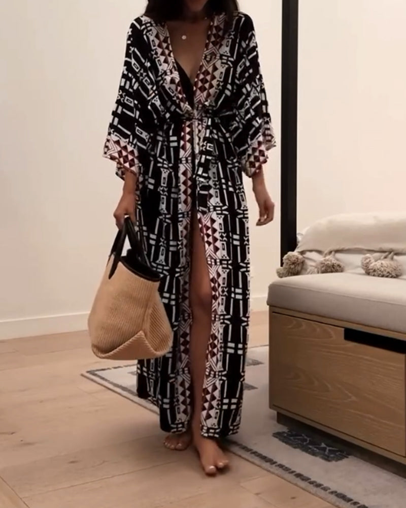 Casual Holiday Print Cardigan Dress