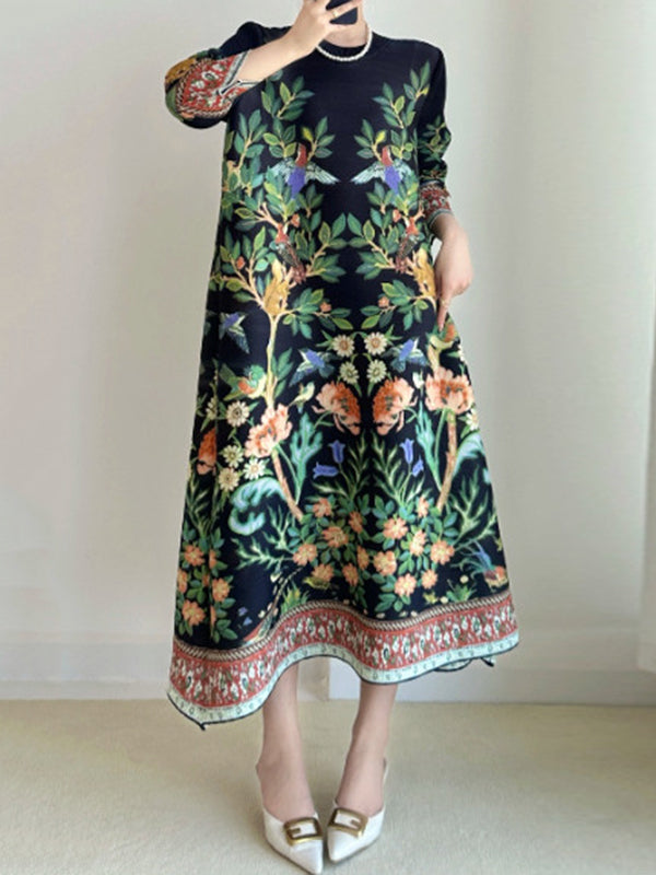 A-Line Loose Flower Print Pleated Round-Neck Midi Dresses