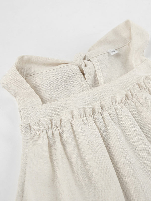 A-line Loose Ruffle Trim Solid Color Tied Zipper Spaghetti-Neck Mini Dresses