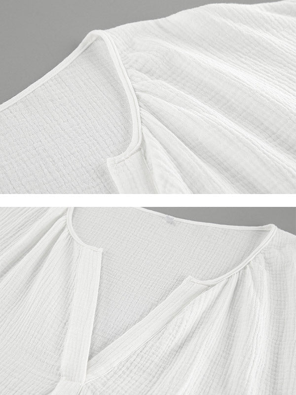 Loose Puff Sleeves Pleated Solid Color Split-Joint V-Neck Blouses&Shirts Tops