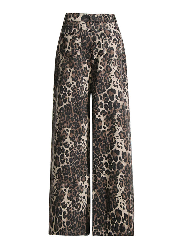 High Waisted Loose Leopard Printed Ripped Split-Joint Jean Pants Bottoms