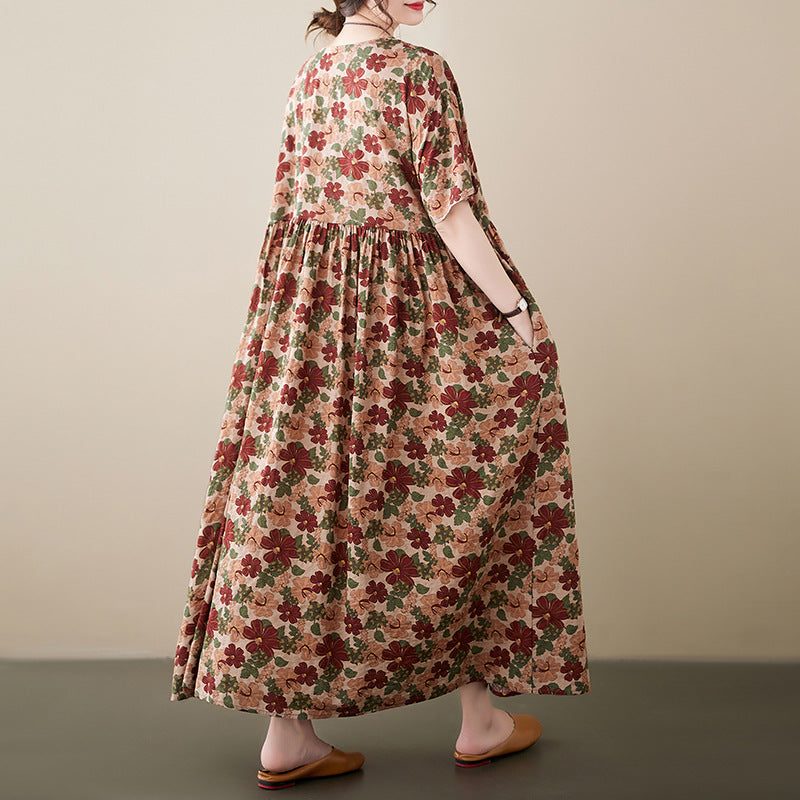 Ethnic Style Floral Print Short Sleeve Round Neck Maxi Dress
