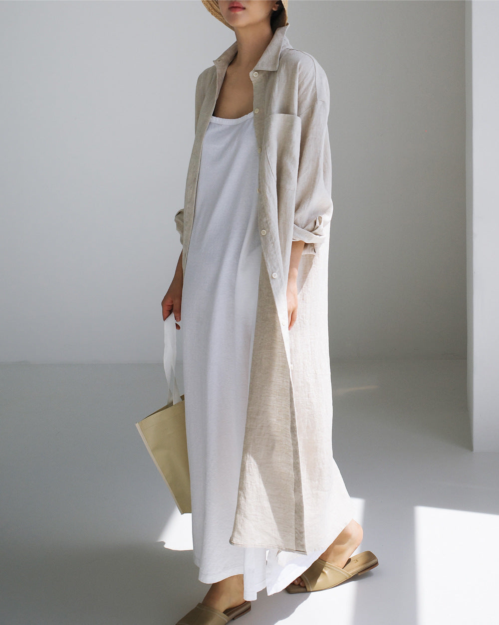 Simple Cotton Linen Long Sleeve Midi Dress