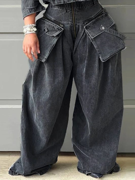 Loose Wide Leg Pleated Pockets Split-Joint Zipper Jean Pants Bottoms