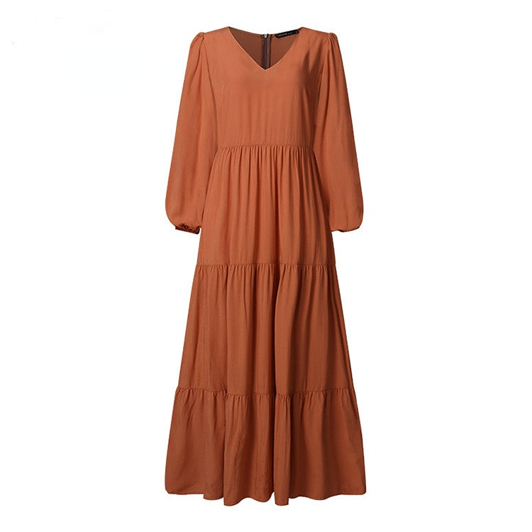 Simple Solid Color V-neck Long Sleeve Maxi Dress