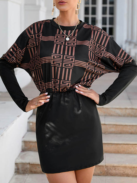 Bodycon Long Sleeves Contrast Color Elasticity Printed Round-Neck Mini Dresses