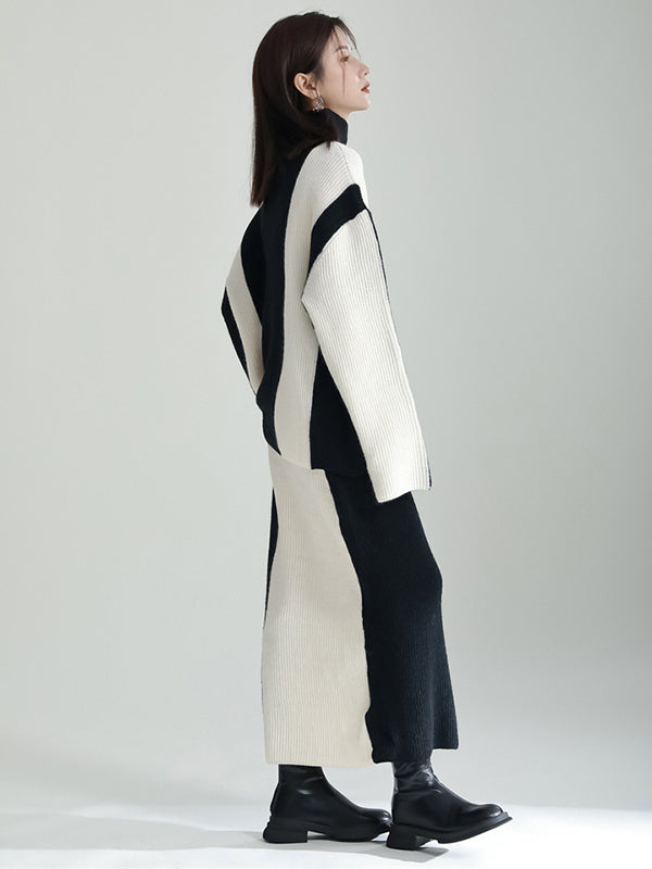 Casual Loose Long Sleeves Contrast Color High-Neck Sweater Top&Skirt Two Pieces Set
