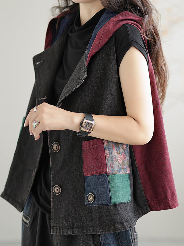 Artistic Retro Loose Denim Sleeveless Buttoned Contrast Color Hooded Vest Outerwear