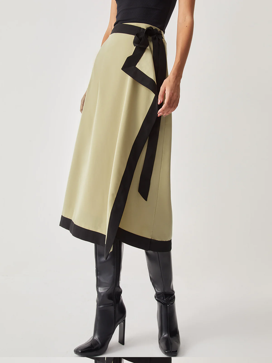 Tie Front Contrast Trim Midi Skirt