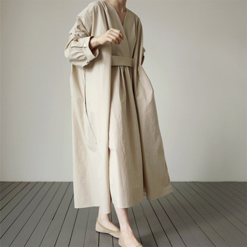 Loose Cross Neck Waist Pleats Long Sleeves Maxi Dress