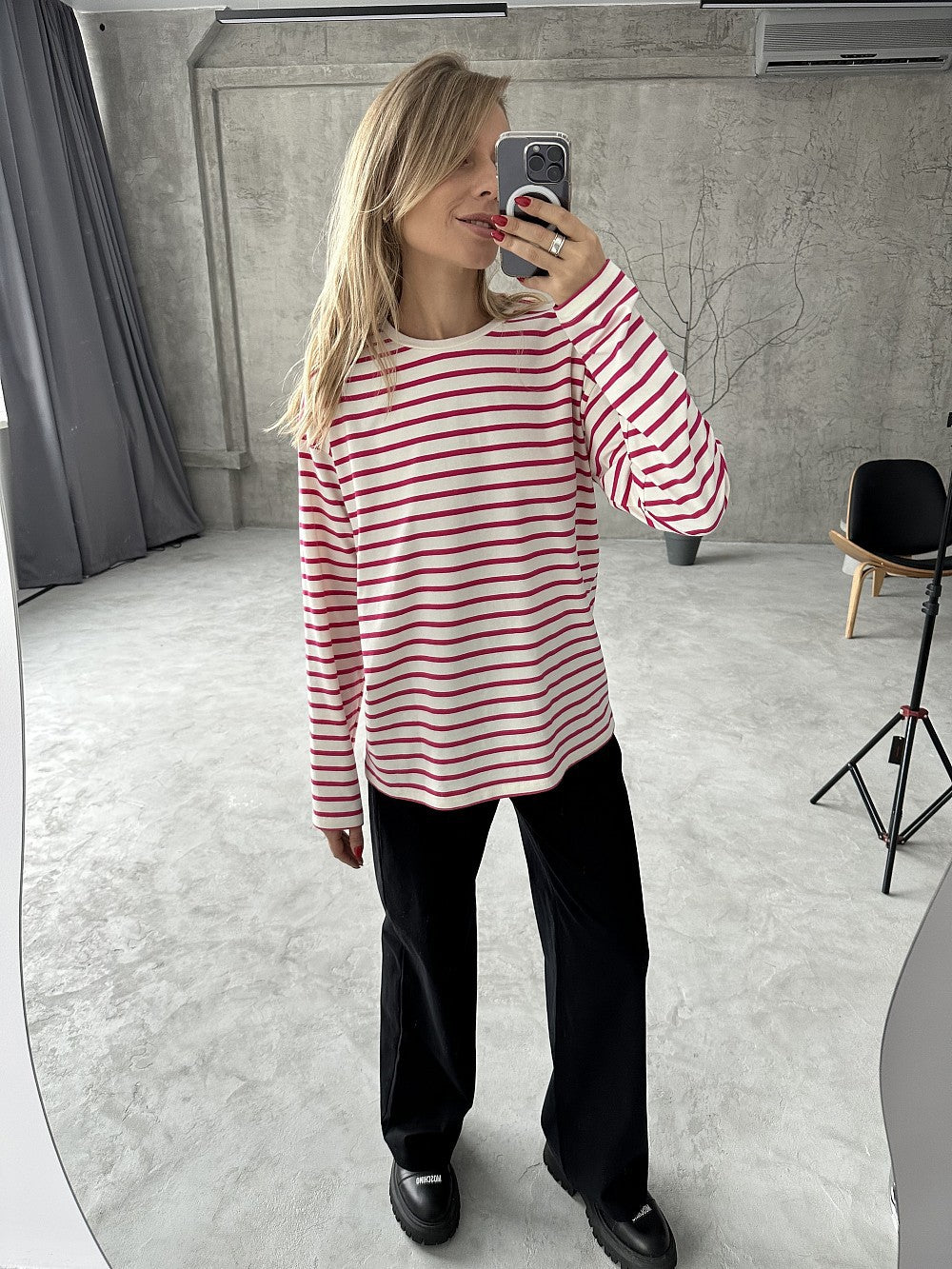 Long-sleeved striped T-shirt casual round neck cotton striped loose top