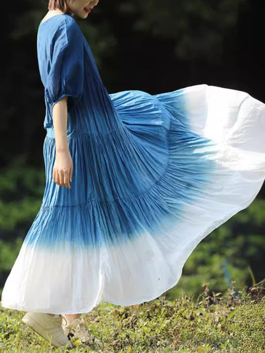 Literary Vintage Tie-Dye Gradual Loose Light Mulberry Silk Midi Dress