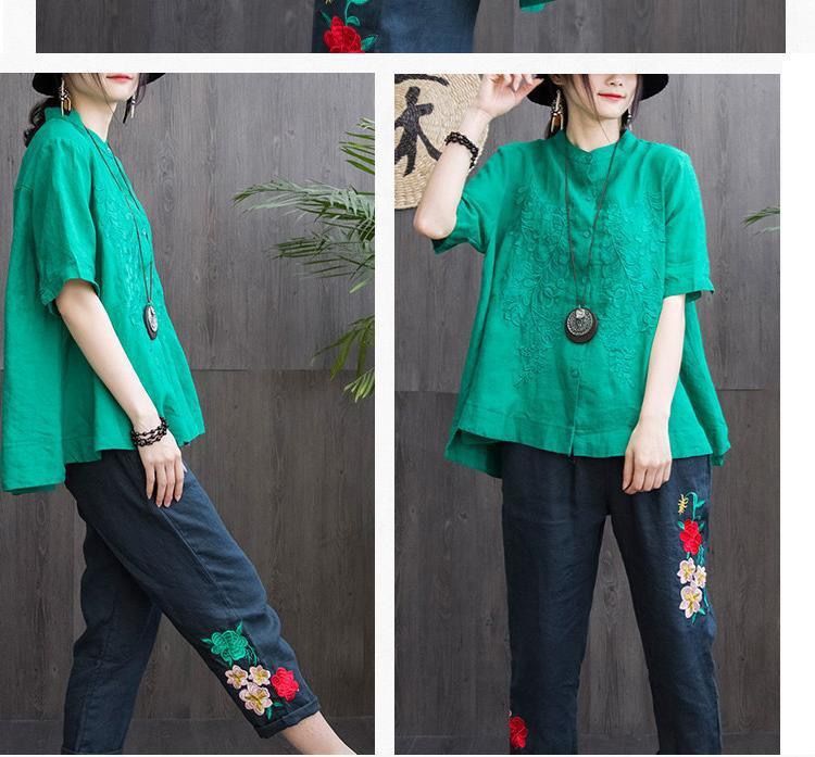 Loose Cotton Embroidered Short Sleeve Stand Collar Shirt