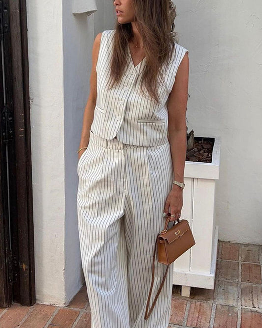 Striped temperament casual vest two-piece set