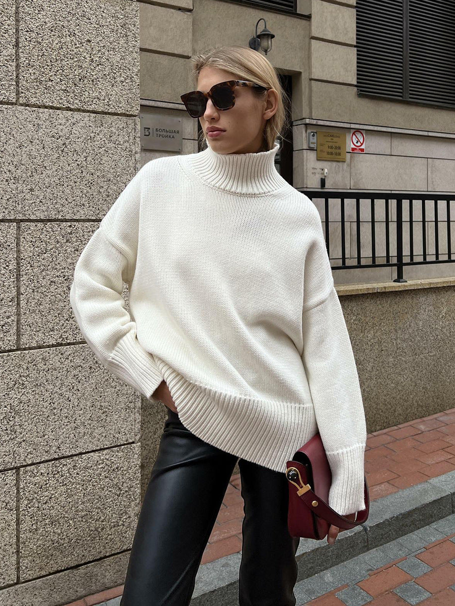 Mock neck sweater autumn and winter women's commuter solid color turtleneck knitting pullover top