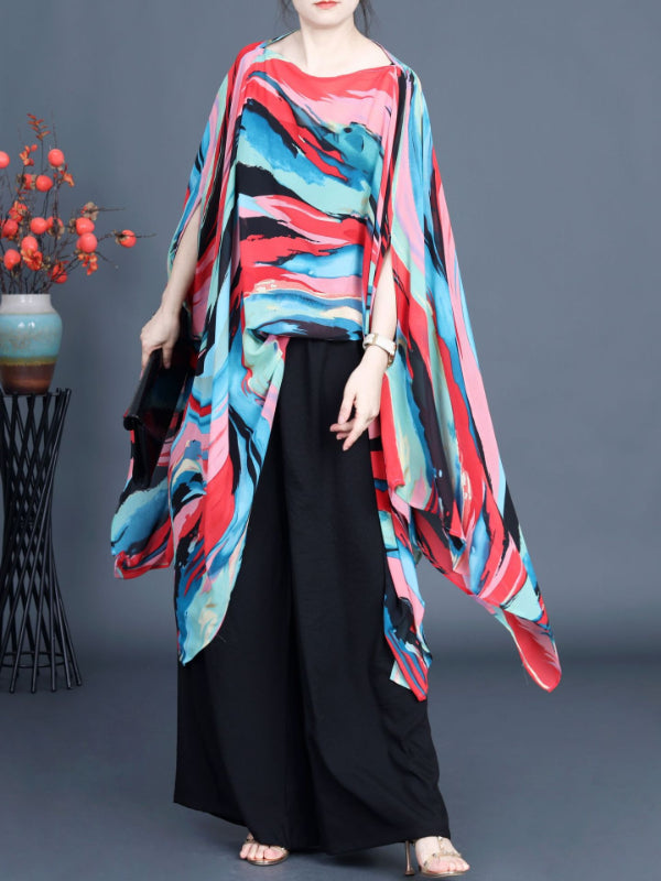 Loose Irregular Flowy Colorful Bat Sleeve Shawl Top
