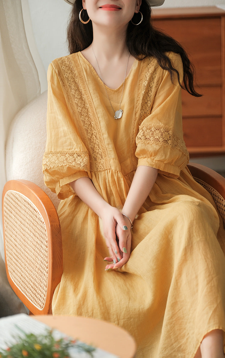 Literary Simple Seven-quarter Sleeve Lace-up Maxi Dress