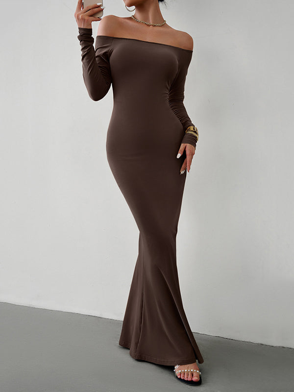 Bodycon Long Sleeves See-Through Solid Color Off-The-Shoulder Maxi Dresses