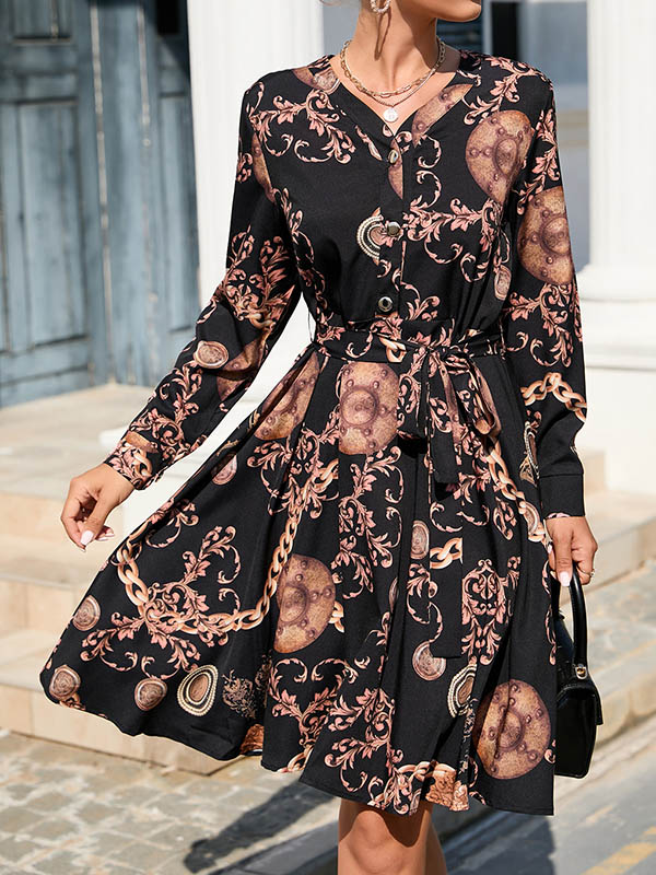 A-Line Long Sleeves Buttoned Printed Tied Waist V-Neck Mini Dresses