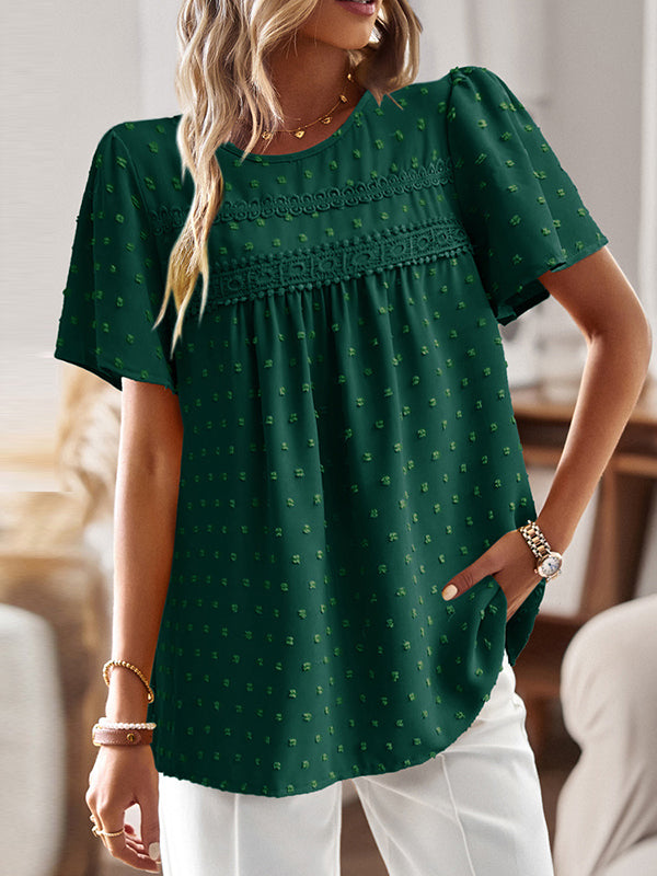 Loose Short Sleeves Hollow Jacquard Pleated Solid Color Split-Joint Round-Neck T-Shirts Tops