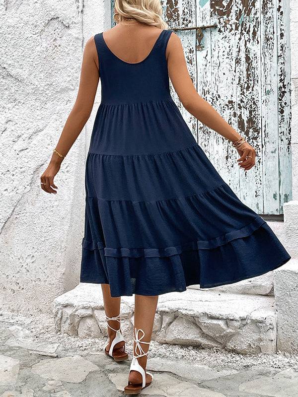 Loose Sleeveless Buttoned Solid Color Tiered Round-neck Midi Dresses