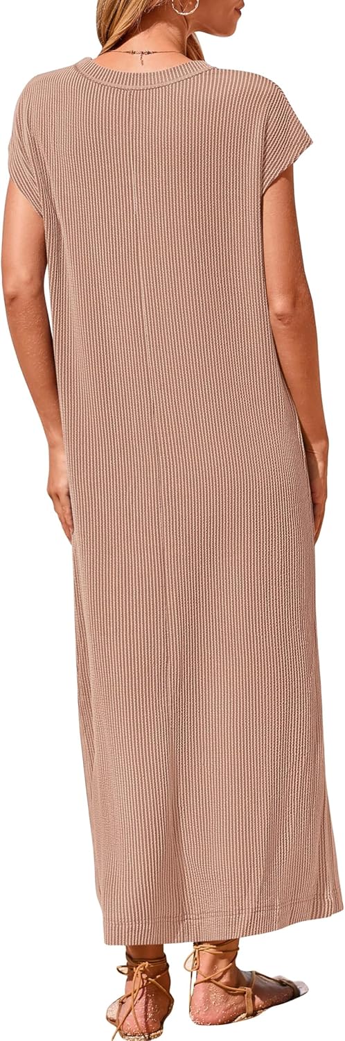 Women's  Ribbed Knit Henley Button Up Maxi Dress (Buy 2 Free Shipping)