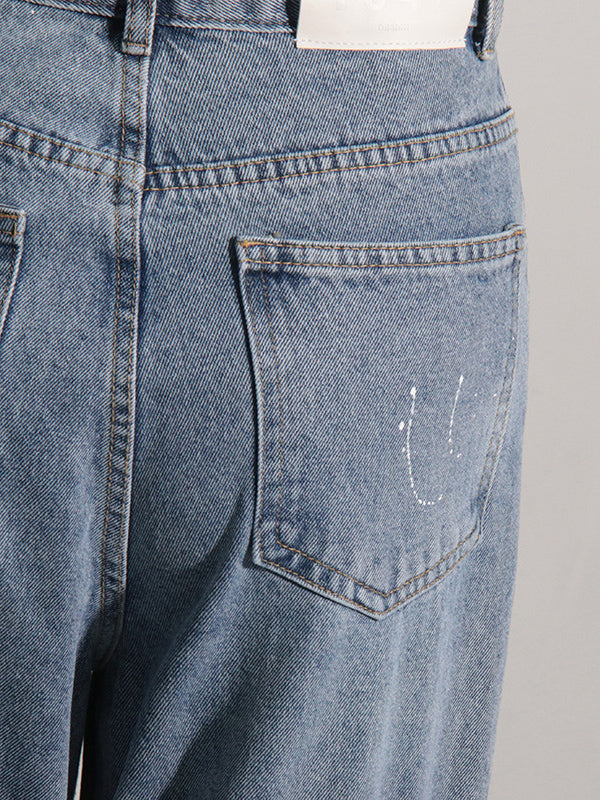 High Waisted Loose Belt Buckle Split-Joint Jean Pants Bottoms