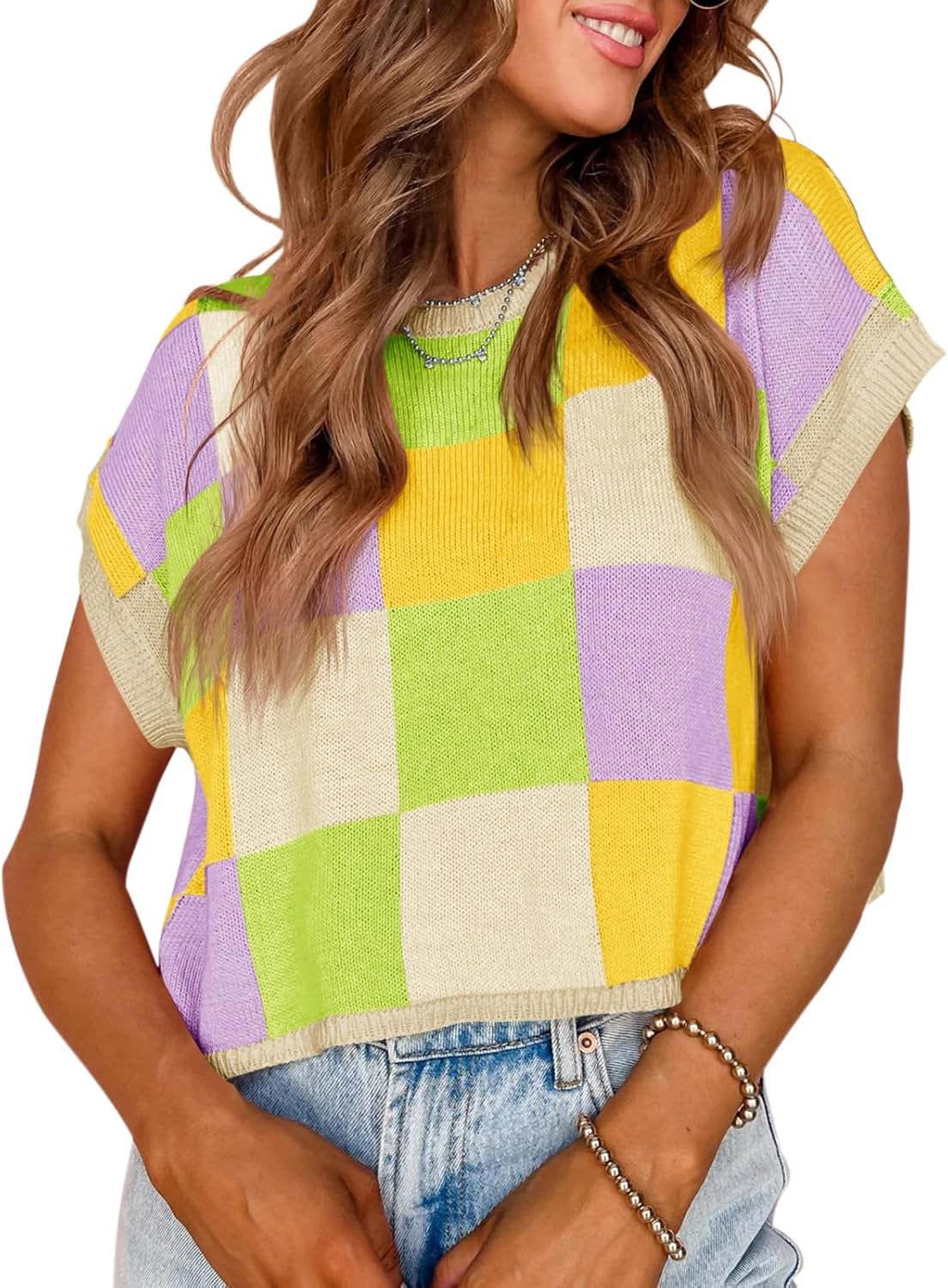 Women's Checkerboard Short Sleeve Color Block Knit Sweater(Buy 2 Free Shipping)