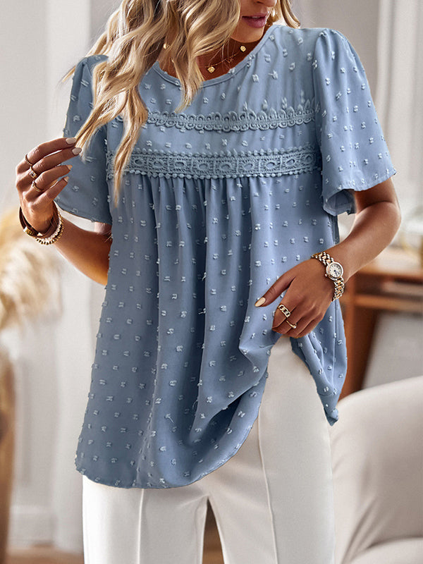 Loose Short Sleeves Hollow Jacquard Pleated Solid Color Split-Joint Round-Neck T-Shirts Tops