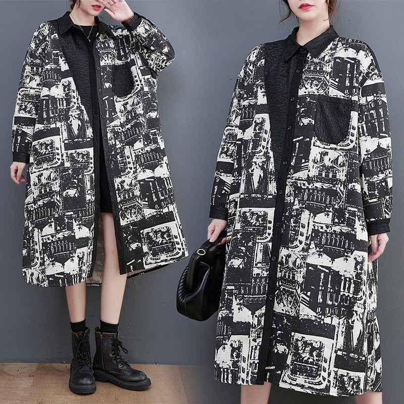 Vintage Print Lapel Long Sleeve Coat