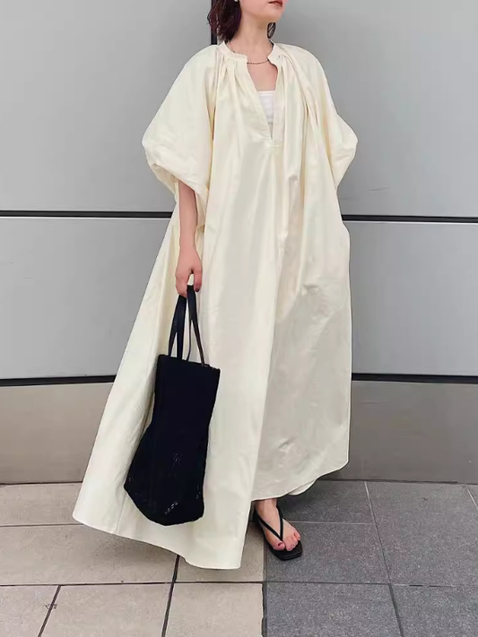 V-Neck Loose Casual Puffy Sleeves Solid Color Maxi Dress